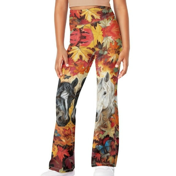 DISNIMO Thanksgiving Horse Bell Bottoms Leggings for Kids Flare Leggings Size 9-10 Long Flare Yoga Pants with Pockets Girls Flare Leggings Cross Waist Bell Bottoms Yoga Pants