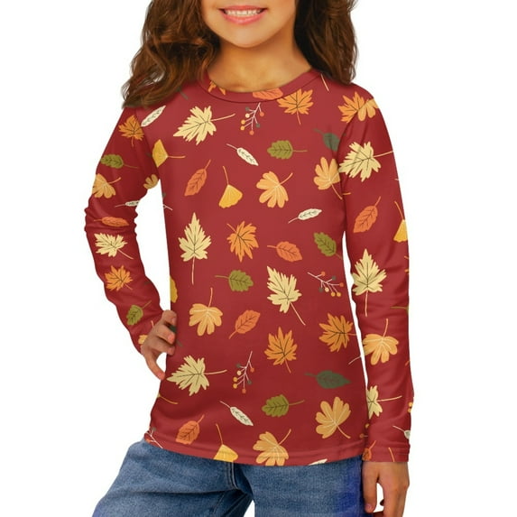 DISNIMO Thanksgiving Maple Leaf Girl T Shirt Kids Girls Long Sleeve Shirt Size 15-16 Shirts for Kids Long Sleeve Tshirt Girls Soft T Shirts Long Sleeve T-Shirt for Girls Crew Neck T Shirt