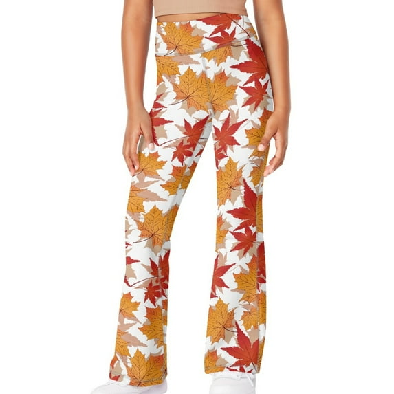 DISNIMO Thanksgiving Maple Leaf Girls Yoga Pants Size 5-6 Years Old Flare Leggings Kids Leggings Bell Bottoms Girls Flare Yoga Pants High Waisted Kids Polyester Bell Bottom Leggings Boys