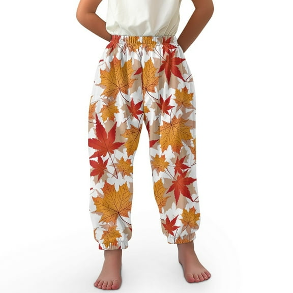 DISNIMO Thanksgiving Maple Leaf Harem Bloomers for Girls Harem Pants Size 8-12 Lantern Pants Kids Beach Pants Girls Elastic Waist Sweatpants High Waisted Bloomer Harem Pants for Kids Long Pants Boy