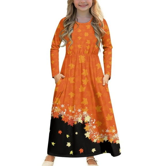 DISNIMO Thanksgiving Maple Leaf Kids Long Sleeve Dresses For Girls Holiday Dresses Size 5-6 Dress with Long Sleeves and Pockets for Kids Long Sleeve Mini Dress Casual Twirl dresses
