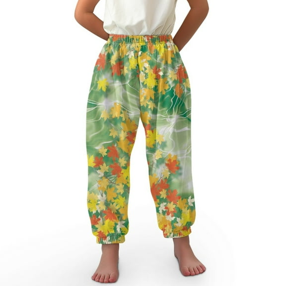DISNIMO Thanksgiving Maple Leaf Long Bloomer Pants Girls Harem Bloomers for Kids Harem Pants Soft Baggy Pants for Girls 8-12 Beach Pants for Girls Long Trousers Pants for Girls High Waisted Pants