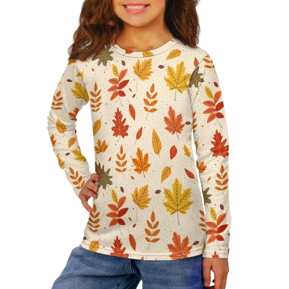 DISNIMO Thanksgiving Maple Leaf Shirt Long Sleeve for Kids Long Sleeve Shirts for Girls 9-10 Long Sleeve Shirt Kids Crew Neck Tshirt Girls Long Sleeve T Shirts Soft Kids T Shirt Casual Tops