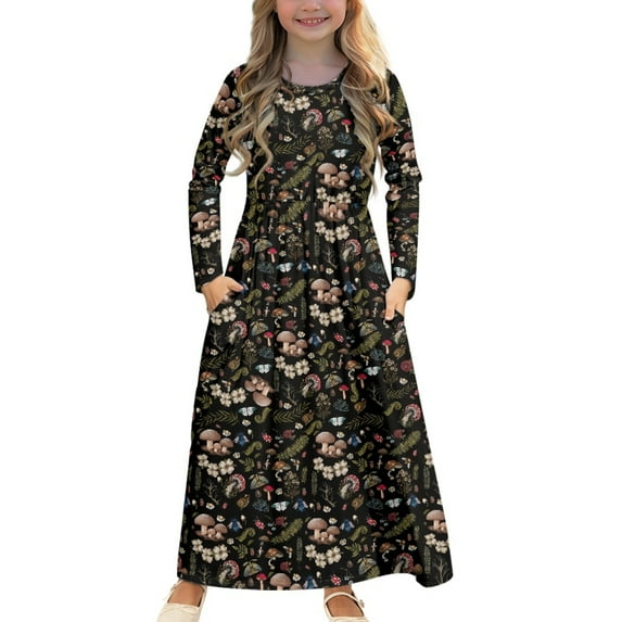DISNIMO Thanksgiving Mushroom Girls Dress Long Sleeve Size 9-10 Girls Dresses with Pockets for Kids Swing Dance Dress Midi Sun Dress with Long Sleeves Crew Neck Dresses Soft