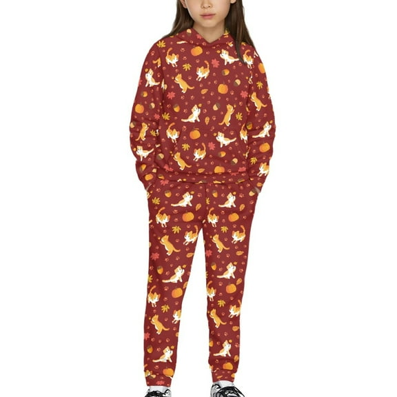 DISNIMO Thanksgiving Pumpkin Cat Hoodies Sets for Girls 2 Piece Outfits Fall Hoodies for Girls Pullover Sweatshirt with Pockets for Kids Hoodie and Jogger Set Boys Drop Shoulder Hoodie 4-5
