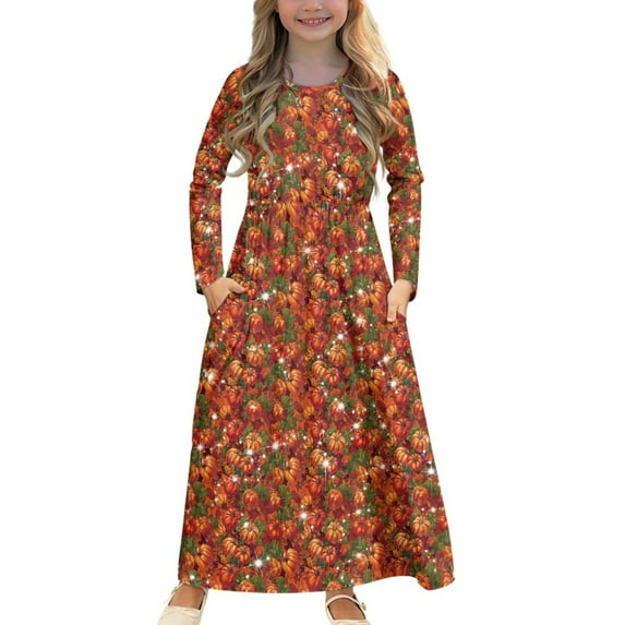 DISNIMO Thanksgiving Pumpkin Dress With Long Sleeves and Pockets for Kids Long Sleeve Dresses for Girls Soft Dresses Size 13--14 Girls Frock Long Sleeve Swing Dress for Kids Midi Dress