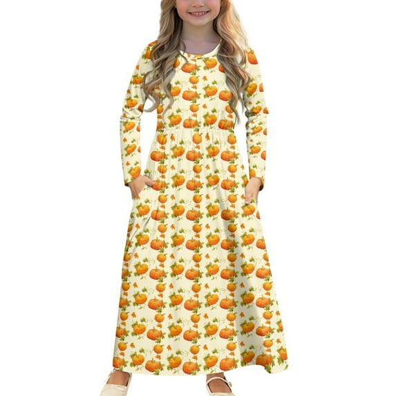 DISNIMO Thanksgiving Pumpkin Dresses for Kids Girls Party Dresses Size 11-12 Long Sleeve Girls Fall Dress Girl Clothes Long Sleeve Girls Dresses Kids Frocks Girls Long Sleeve Swing Dress