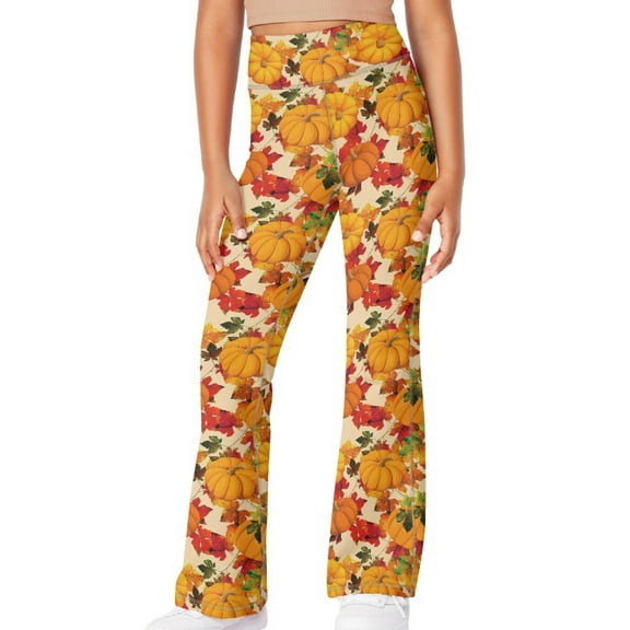 DISNIMO Thanksgiving Pumpkin Girls Bell Bottom Pants Summer Flare Bootcut Leggings 5-6 Years Kids Dancing Yoga Bell Bottoms Leggings with Pockets