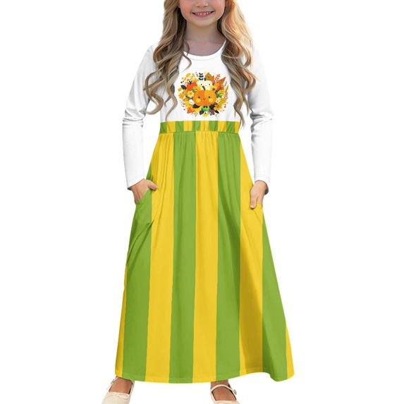 DISNIMO Thanksgiving Pumpkin Kids Dress Girls Size 5-6Girls Cute Dress Long Sleeve for Kids Long Sleeve Dresses for Girls Swing Dress with Pockets Kids Long Fall Dress Casual Frocks