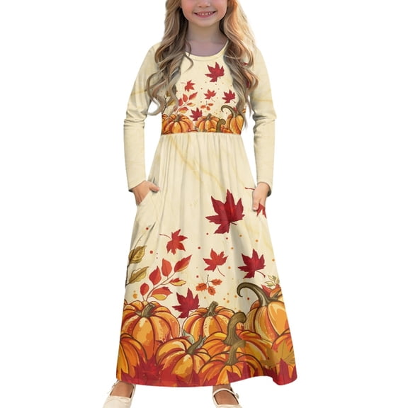 DISNIMO Thanksgiving Pumpkin Long Sleeve Dresses with Pockets for Kids Dresses for Girls Size 9-10 Years Old Dress for Kids Girls Long Swing Dress with Sleeves Kids Frocks Girls Soft