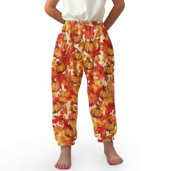 DISNIMO Thanksgiving Pumpkin Maple Leaf Bloomer Harem Pants Girls Baggy Sweatpants Size 3-7 Harem Bloomers Long Pants Loose Trousers for Girls Harem Pants Dance Pants Kids Elastic Waist High Waist