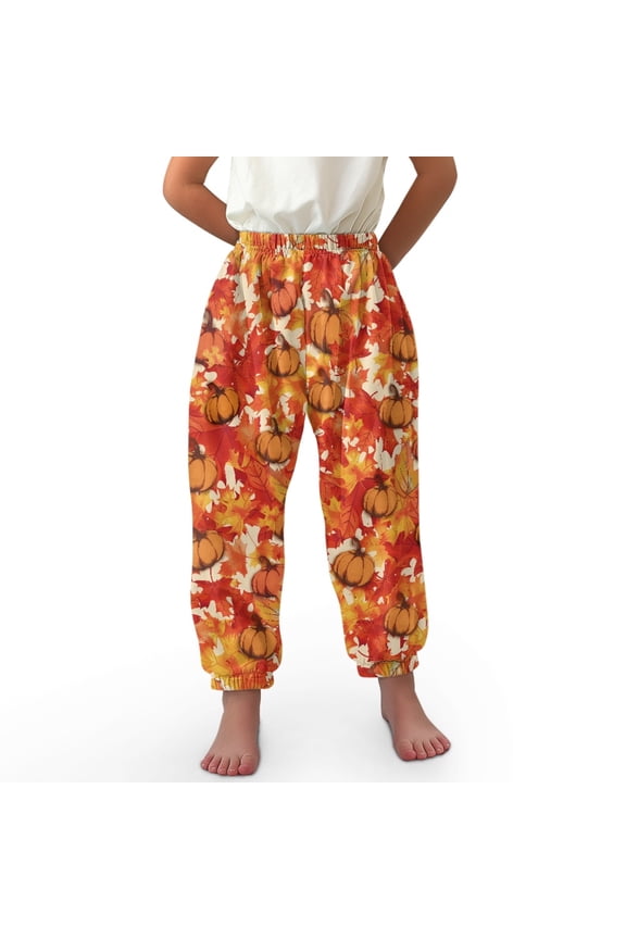 Thanksgiving Pumpkin Maple Leaf Bloomer Harem Pants Girls Baggy Sweatpants Size 8-12 Harem Bloomers Long Pants Loose Trousers for Girls Harem Pants Dance Pants Kids Elastic Waist High Waist
