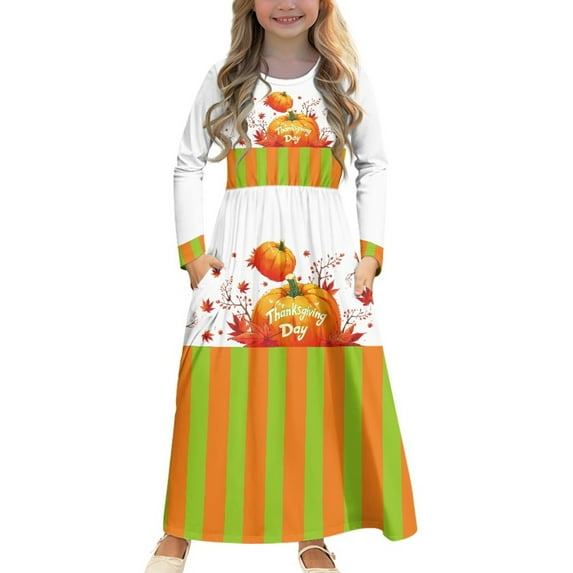 DISNIMO Thanksgiving Pumpkins Long Sleeve Dress for Kids 5-6yrs Dresses with Pockets and Long Sleeves Dress Kids Long Sleeve Dresses for Girls Twirl Skater Dress Kids Crew Neck Dress