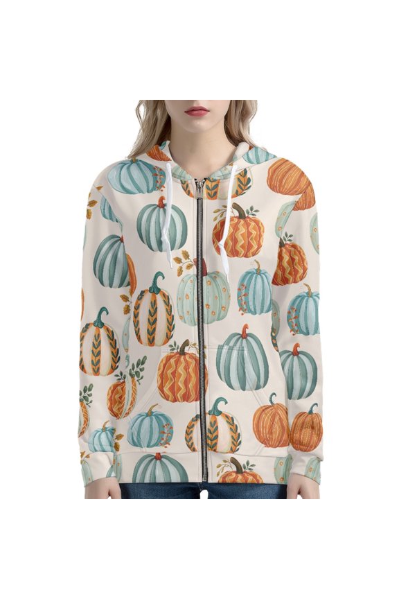 Thanksgiving Womens Zip Up Hoodies Pumpkin Printed Hooded Sweatshirts Long Sleeve Jacket Coat Zip Up Hoodies with Pockets, 3XL