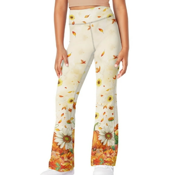 DISNIMO Thanksgiving Yoga Pants with Pumpkins Kids Bell Bottoms Leggings for Girls 9-10 Flare Pants for Kids Leg Flare Yoga Pants with Side Pockets Girls High Waist Flared Leggings