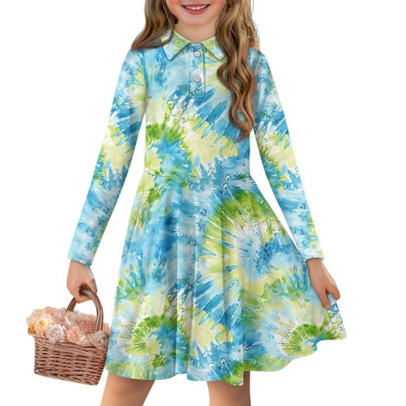 DISNIMO Tie Dye Dress Girls 13/14 Dresses Long Sleeve Kids Twirly Dress Youth Small Fall Dresses Children Skater Dress Kids Swing Dress Teen Casual Midi Dress Girls Fall Church Dress with Collar Kid