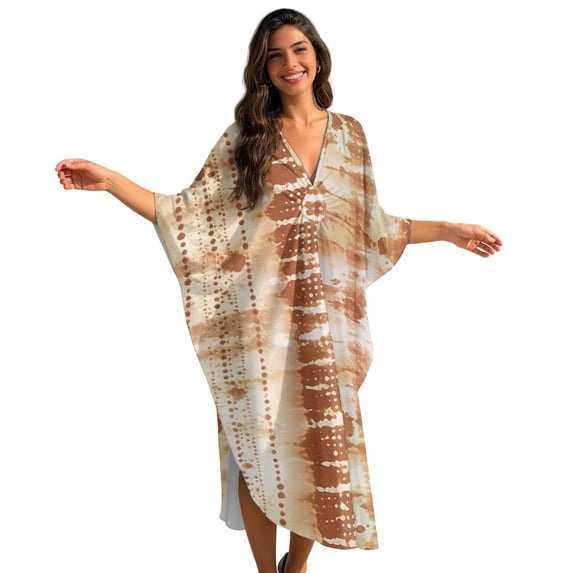 DISNIMO Tie Dye Print Kaftan Dress for Women Plus Size V Neck Swimsuit Cover up Casual Loose Bathing Suit Cover Batwing Sleeve Caftan Dresses Soft Loungewear