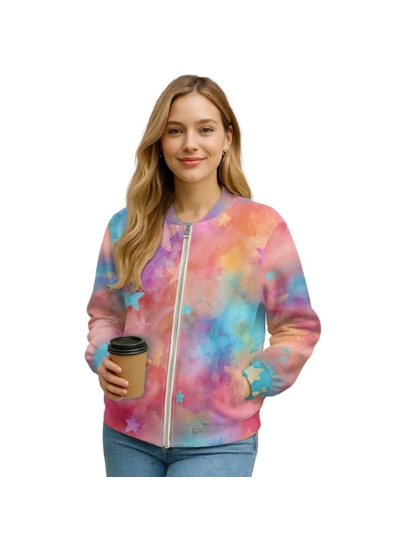 Tie Dye Printed Jackets for Women Star Printed Sweatshirts Zip Up Outwear Long Sleeve Sweatshirt Jacket with Pockets, 2XL