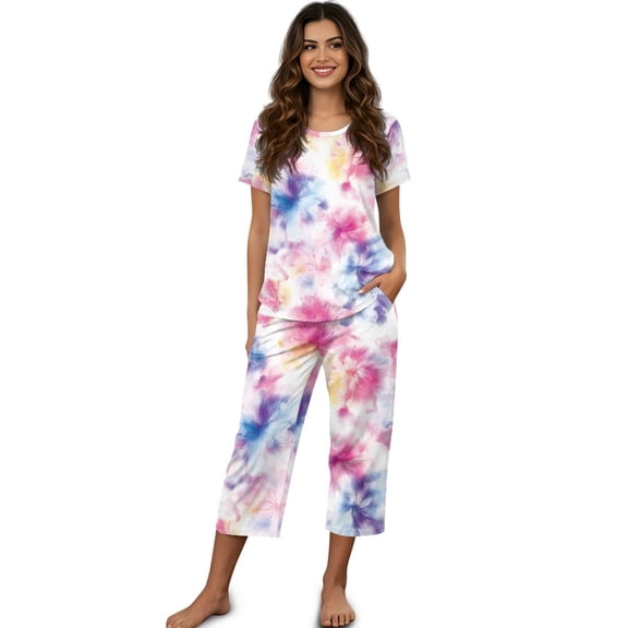 DISNIMO Tie Dye Printed Pajama Set for Women, Casual 2 Piece Lounge Set Short Sleeve Tops and Capri Pant Pjs Summer Sleepwear, 2XL