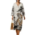 thumbnail image 1 of DISNIMO Tiger Tree Print Women Casual Maxi Dresses V Neck Loose Dress Lightweight 3/4 Sleeve Shift Dress Fashion Fall Dresses for Women, S, 1 of 6