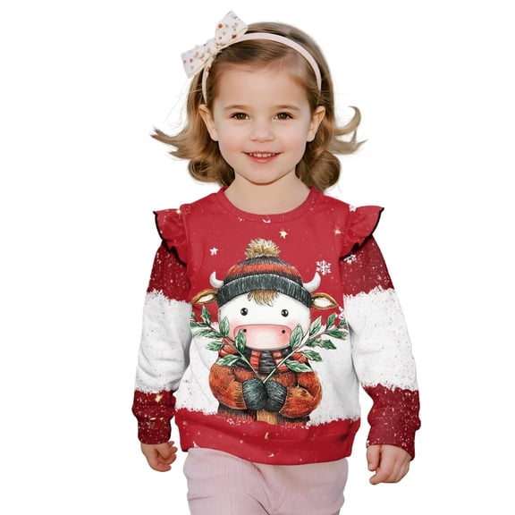 DISNIMO Toddler Christmas Sweatshirt Girls Cow Printed T-Shirts Long Sleeve Pullover Tops Crewneck Sweater Tops for Fall Winter 5-6 Years