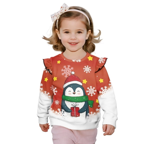 DISNIMO Toddler Christmas Sweatshirt Girls Penguin Snowflake Printed Pullover Tops Long Sleeve T-Shirts Crewneck Sweater for Toddler Girls 5-6 Years