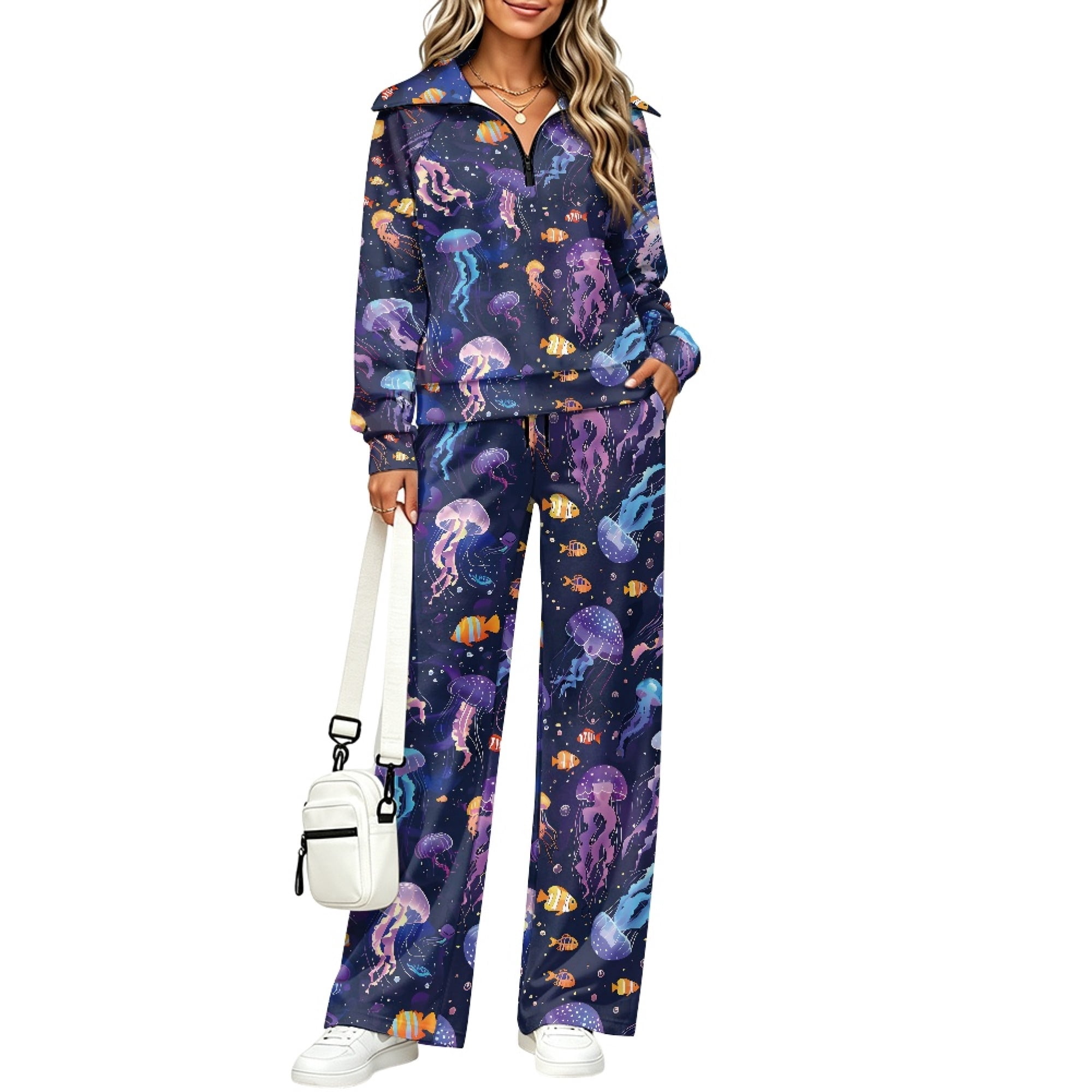 Fish Pattern Clothes DISNIMO Tracksuits Ocean Jellyfish Fish Pattern Lounge Sets Half Zip ...