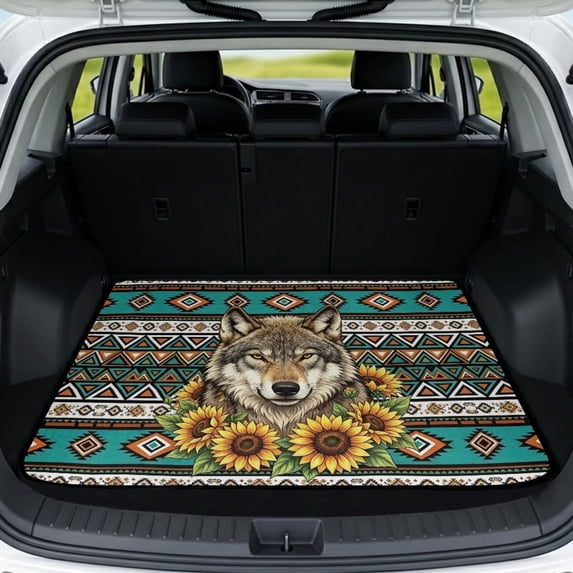 DISNIMO Trunk Liner for SUV Wolf Sunflower Aztec Print Heavy Duty Car Cargo Mat with Non-Slip Backing Machine Washable Dog Seat Cover Suitable for Most Car Models