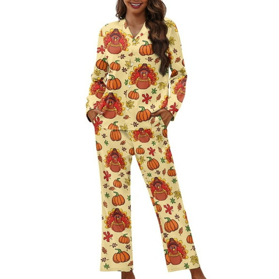 DISNIMO Turkey Pumpkin Print Womens Pajama Set Button Down 2 Piece Pj Lounge Sets Long Sleeve V Neck Sleepwear with Long Pants Thanksgiving Day Oversized Loungewear Nightwear, XS