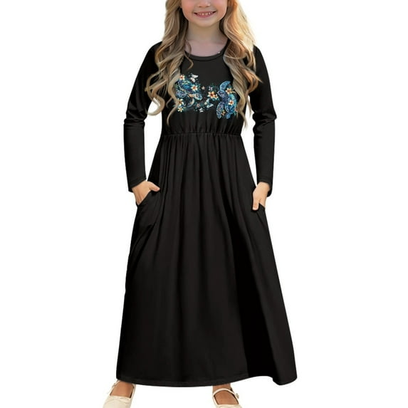 DISNIMO Turtle Flower Girls Dresses Long Sleeve dress for Girls 5-6Years Dress With Sleeves for Kids Dress with Pockets Girls Full Sleeve School Uniform Form Long Dress Print