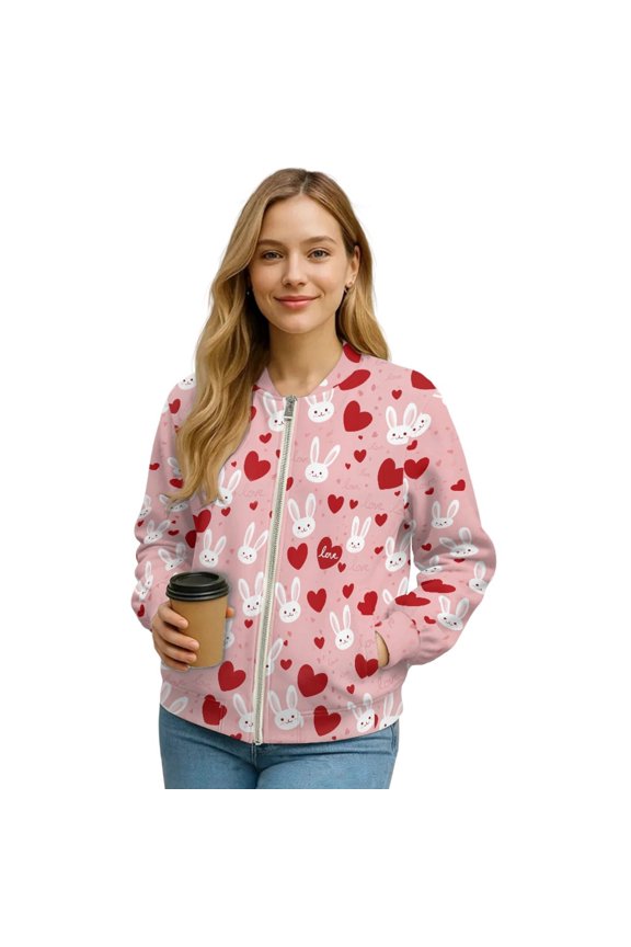 Valentine's Day Sweatshirts for Women Rabbit Heart Printed Jackets Zip Up Coat Long Sleeve Sweatshirt Jacket with Pockets, L
