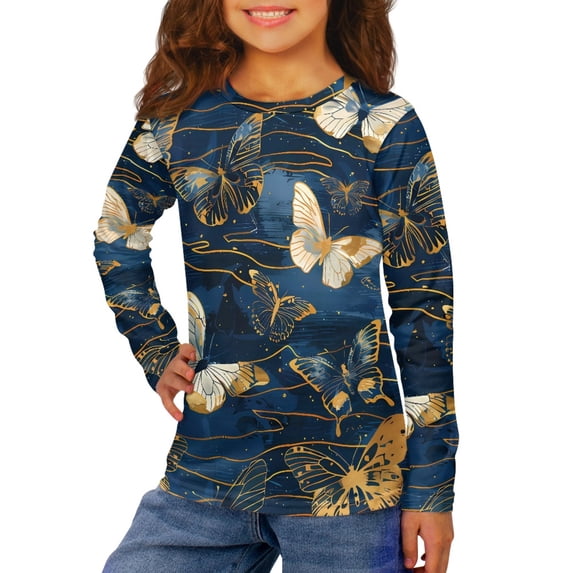 DISNIMO Vintage Butterfly T-Shirts for Girls Long Sleeve Shirts Size 11-12 Girls Shirts Fall T Shirts Long Sleeve for Kids Girl Clothes Soft Girl Clothing Teen Girls Shirts Casual Crewneck Tshirt