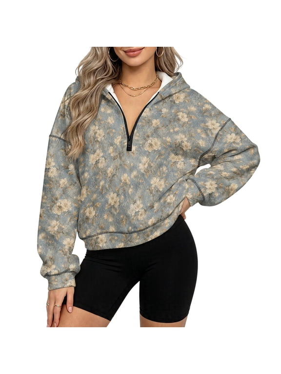 Vintage Floral Half Zip Sweatshirt Women, Fleece Polyester Fabric Womens Hoodies Oversized Loose Fitted Trendy Women Half Zip Hoodies for Fall Winter, Size S