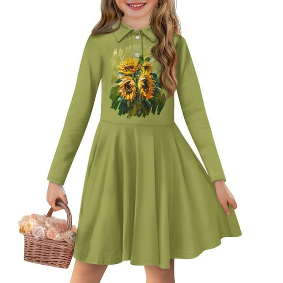 DISNIMO Vintage Sunflower Dress for Girls 11-12 Years Old Back To School Dress for Girls Long Sleeve Skater Dresses with Collars for Girls Button Up Dress Youth Girl Fall Twirl Dress for Children
