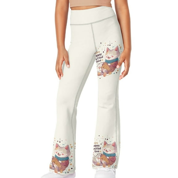 DISNIMO White Cat Flare Leggings Long with Pockets Kids Black Leggings Bell Bottoms Kids 11-12 Girls Flare Yoga Pants High Waisted Kids Polyester Bell Bottom Leggings for Girls