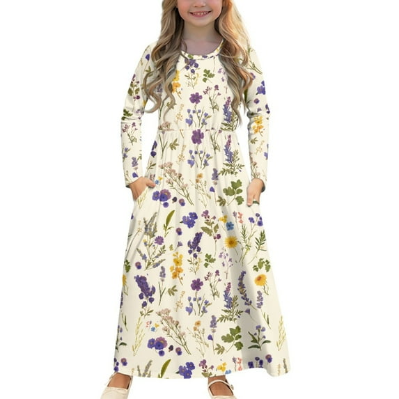 DISNIMO White Flower Girls Dresses Long Sleeve Dress for Girls 5-6 Dress with Sleeves for Kids Dress with Pockets Girls Full Sleeve School Uniform Form Long Dress