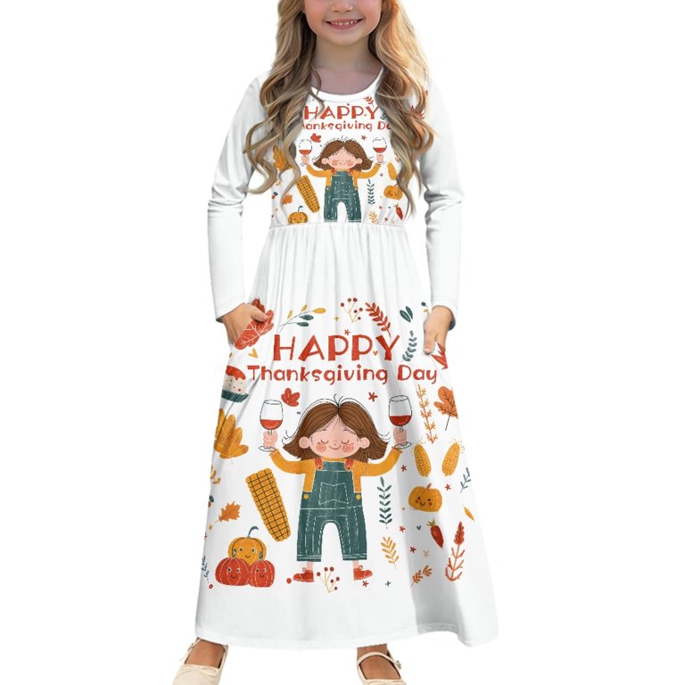Disnimo White Thanksgiving Girls Long Sleeve Dresses Size 11-12 Dress with Long Sleeves and Pockets for Kids Long Sleeve Mini Dress Casual Swing Dress