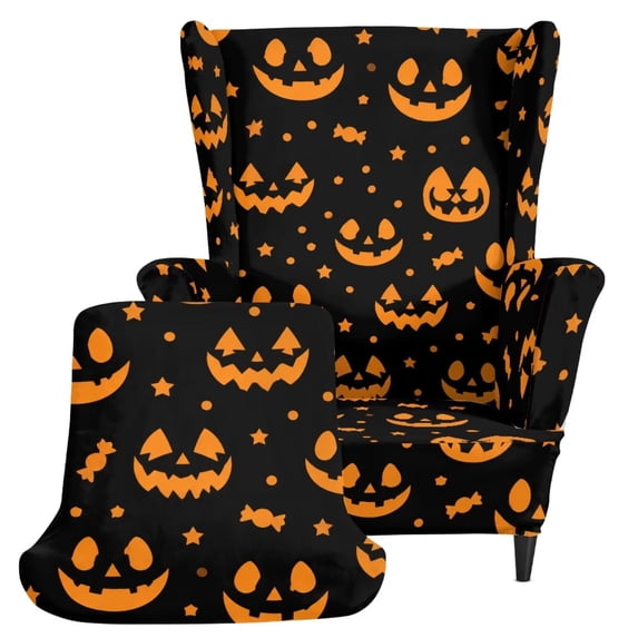 DISNIMO Wingback Chair Covers Jack-o'-Lantern Printed 2-Piece Slipcover for Wingback Chairs Stretch Wing Back Sofa Cover Furniture Protector with Elastic Bottom for Living Room
