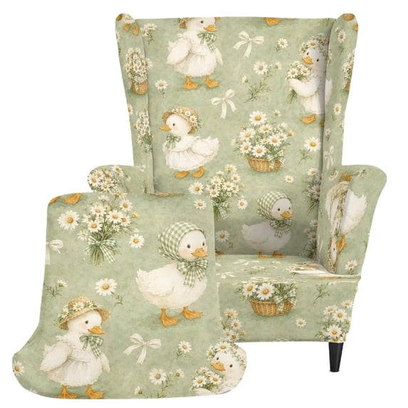 DISNIMO Wingback Chair Slipcover Duck Daisy Print 2 Piece Wingback Armchair Covers Soft Stretch Wing Back Sofa Slipcover with Elastic Bottom