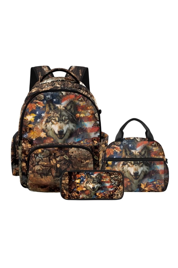 Wolf American Flag Printed Teen Boys School Backpack Set, 17 Inch Students Book Bags for Boys Backpack Set with Lunch Bag & Pencil Pouch, Back to School Gift-