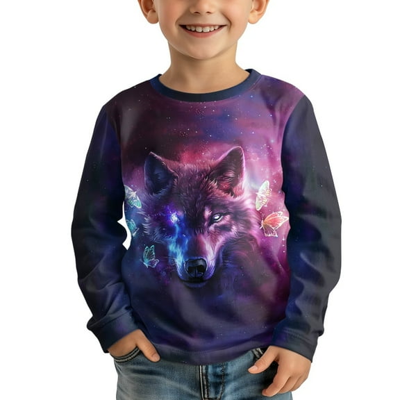 DISNIMO Wolf Butterfly Boys Shirts Long Sleeve Shirt Kids Boys Cute Shirts for Kids Crewneck Tshirt Long Sleeve Boy Shirts Soft T Shirt for Boys Tshirts 5-6 Years Old Tee Shirts