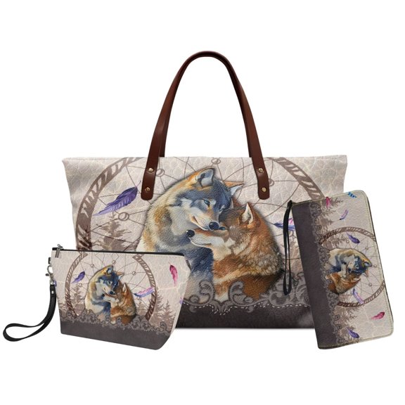 DISNIMO Wolf Dreamcatcher Print Tote Bag and Wallet Set PU Leather Purses with Makeup Pouch Large Women's Handbag Set for Work Party Shopping