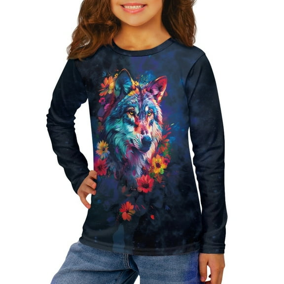 DISNIMO Wolf Flower Long Sleeve Tshirt Kids Fall Shirts Long Sleeve Girls Tee Shirts Size 3/4 Girls Tops Long Sleeve Loose Shirt Girls Crew Neck T Shirt Kids Funny Tshirts Girls Soft Tshirt