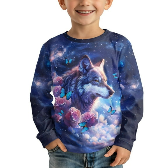 DISNIMO Wolf Galaxy Kids Shirt Boys Cool Long Sleeve Shirts for Boys Size 3-4 Outfits for Kids Crew Neck Tshirt Long Sleeve Polyester T Shirt Kids Soft Clothes for Boys Casual Tops Holiday