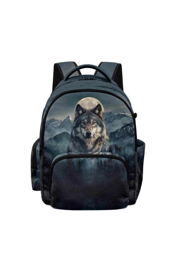 Wolf Moon Print Kids Backpack for Boys Elementary Middle School Bookbag with Adjustable Padded Straps 17 Inch Lightweight Schoolbag with Front Pocket, Back to School Supplies