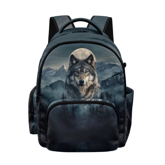 DISNIMO Wolf Moon Print Kids Backpack for Boys Elementary Middle School Bookbag with Adjustable Padded Straps 17 Inch Lightweight Schoolbag with Front Pocket, Back to School Supplies