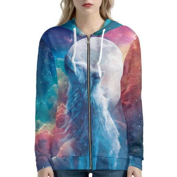 DISNIMO Wolf Moon Printed Hoodies for Women Long Sleeve Hooded Tops Zip Up Sport Sweatshirt with Pockets, XS