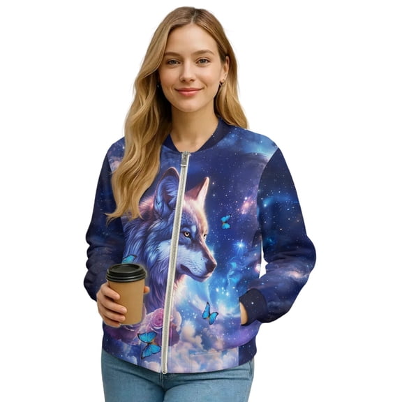 DISNIMO Wolf Printed Sweatshirts for Women Trendy Jackets Long Sleeve Outwear Butterfly Rose Printed Zipper Sweatshirts for Fall Winter, 4XL