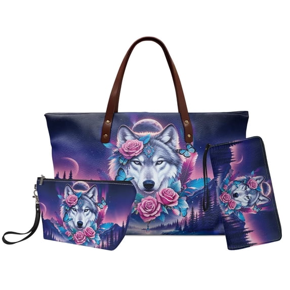 DISNIMO Wolf Rose Print Handbag and Wallet Set with Makeup Bag Large Tote Handbag with Zipper for Lady PU Leather Top Handle Bag for Daily Use, Purple