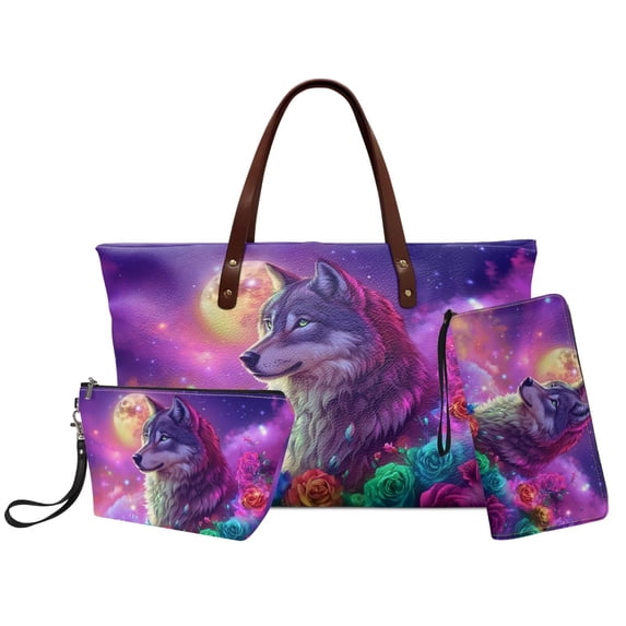 DISNIMO Wolf Rose Print Handbag Wallet Set for Women Large Top Handle Handbag with Matching Wallet Zipper Closure Tote Bag and Makeup Pouch, Gift for Lady